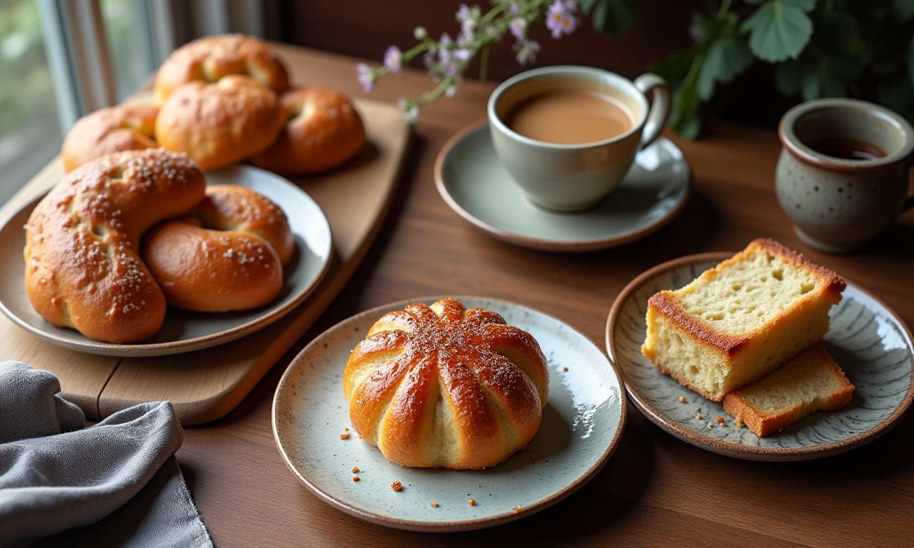 신선한 구운 페이스트리와 커피가 있는 아름다운 카페 테이블.