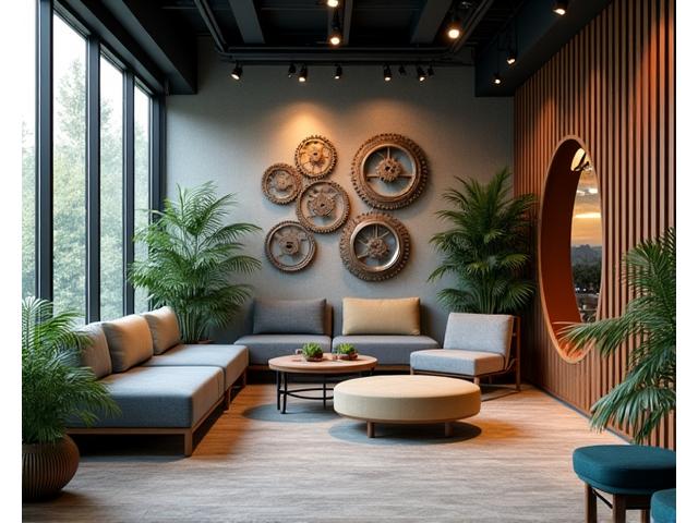 금속 및 목재 요소와 부드러운 직물이 조화된 세련된 인테리어