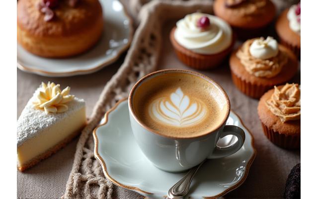 아름답게 장식된 장인 커피와 빵